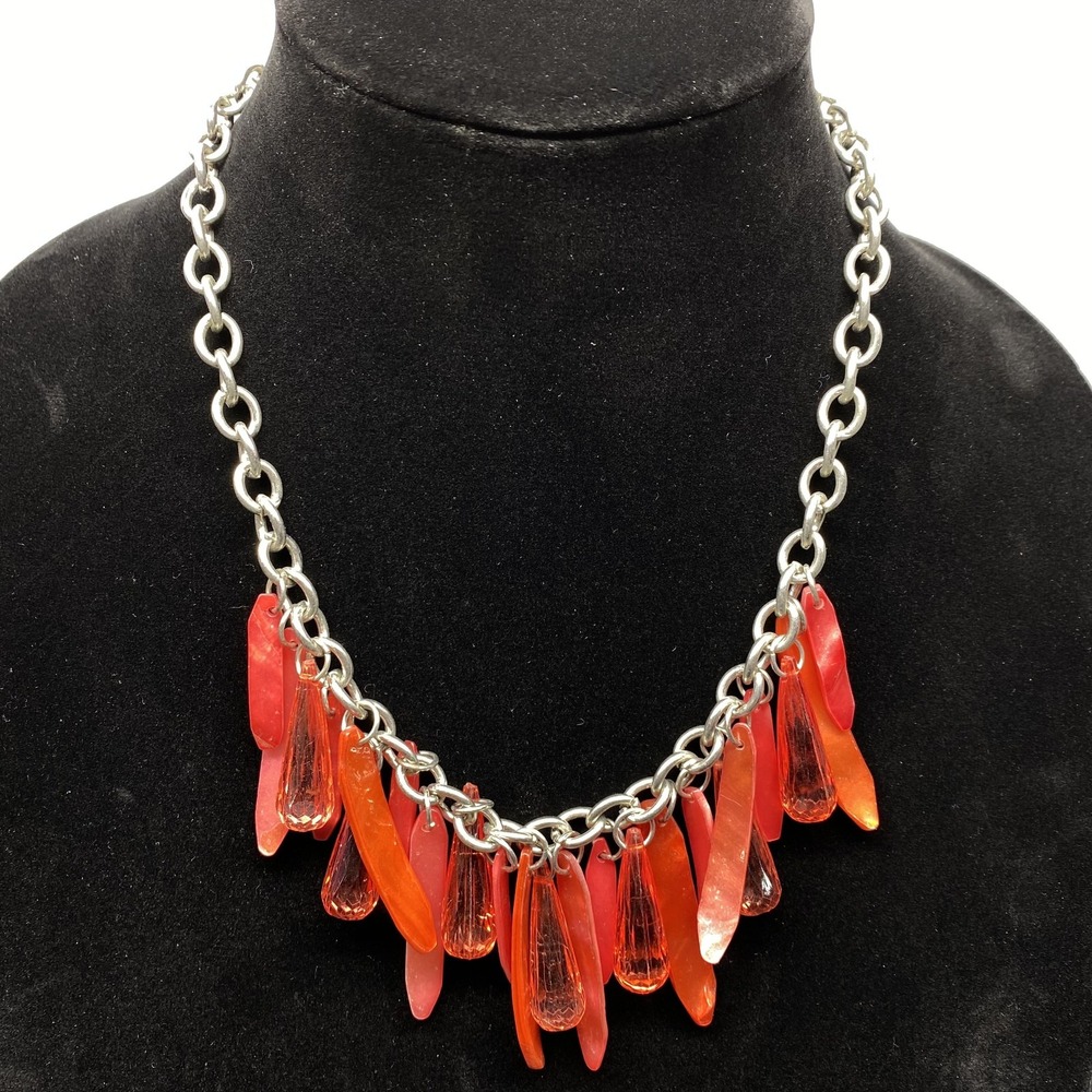 Silver Tone Necklace Red‎ Orange Fashion Statement Multi-Tone Pendants Boho